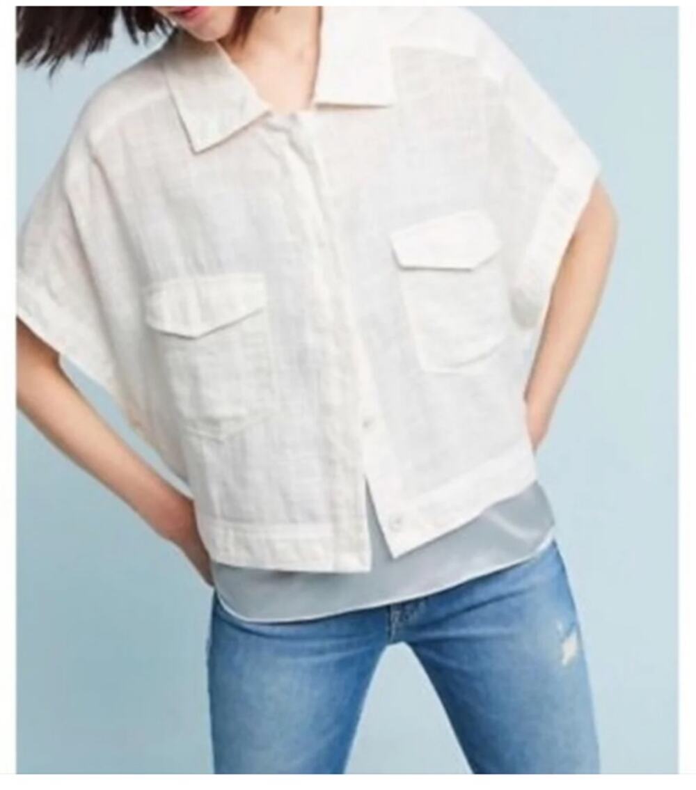 Anthropologie Comptoir des Cotonniers White Linen Blend Short Sleeve Top XS